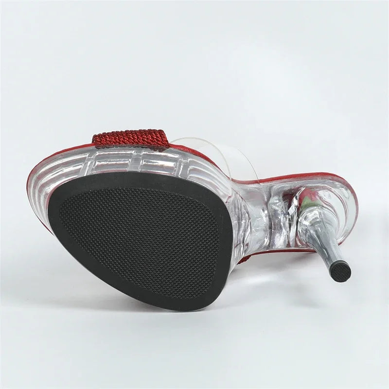 Transparent PVC Women Slippers with Crystal Flower Platform and Super High Heels