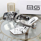 Transparent belt with metal decoration and box-shaped square Alien heel high heels