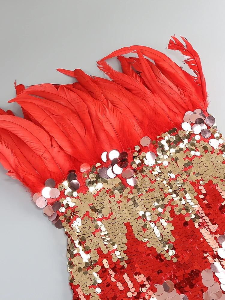 Yvaine Strapless Red Dress with Feathers and Sequins