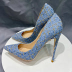 Blue Plaid Pointy Toe High Heel Shoes for Women