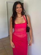 Halter Neck Mesh Ruched Sarong Wrap Drape Maxi Dress