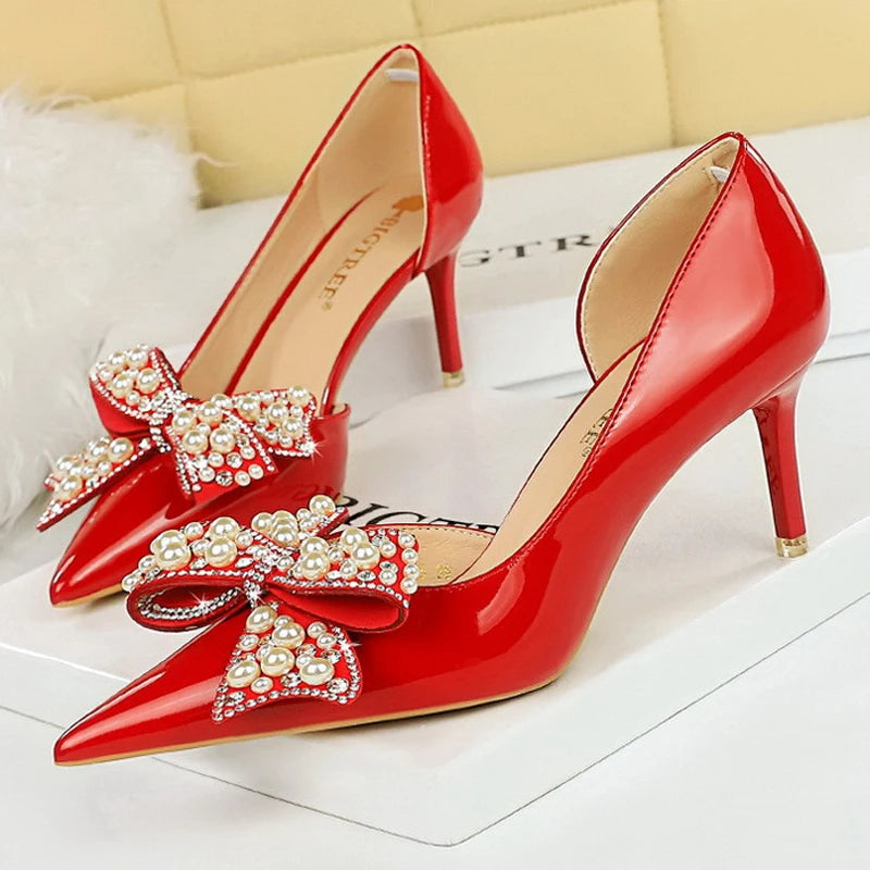 Bowknot Kitten Heels Patent Leather Women Pumps Shoes