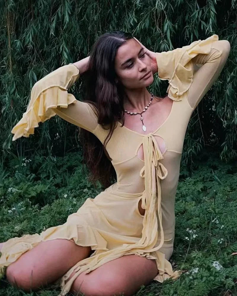 Tie Front Keyhole Long Sleeve Ruffle Cuff High Split Maxi Dress