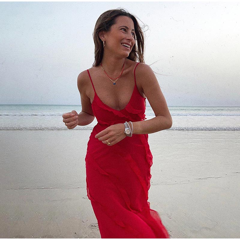 Deep V-Neck Spaghetti Strap Diagonal Tiered Ruffle Maxi Dress