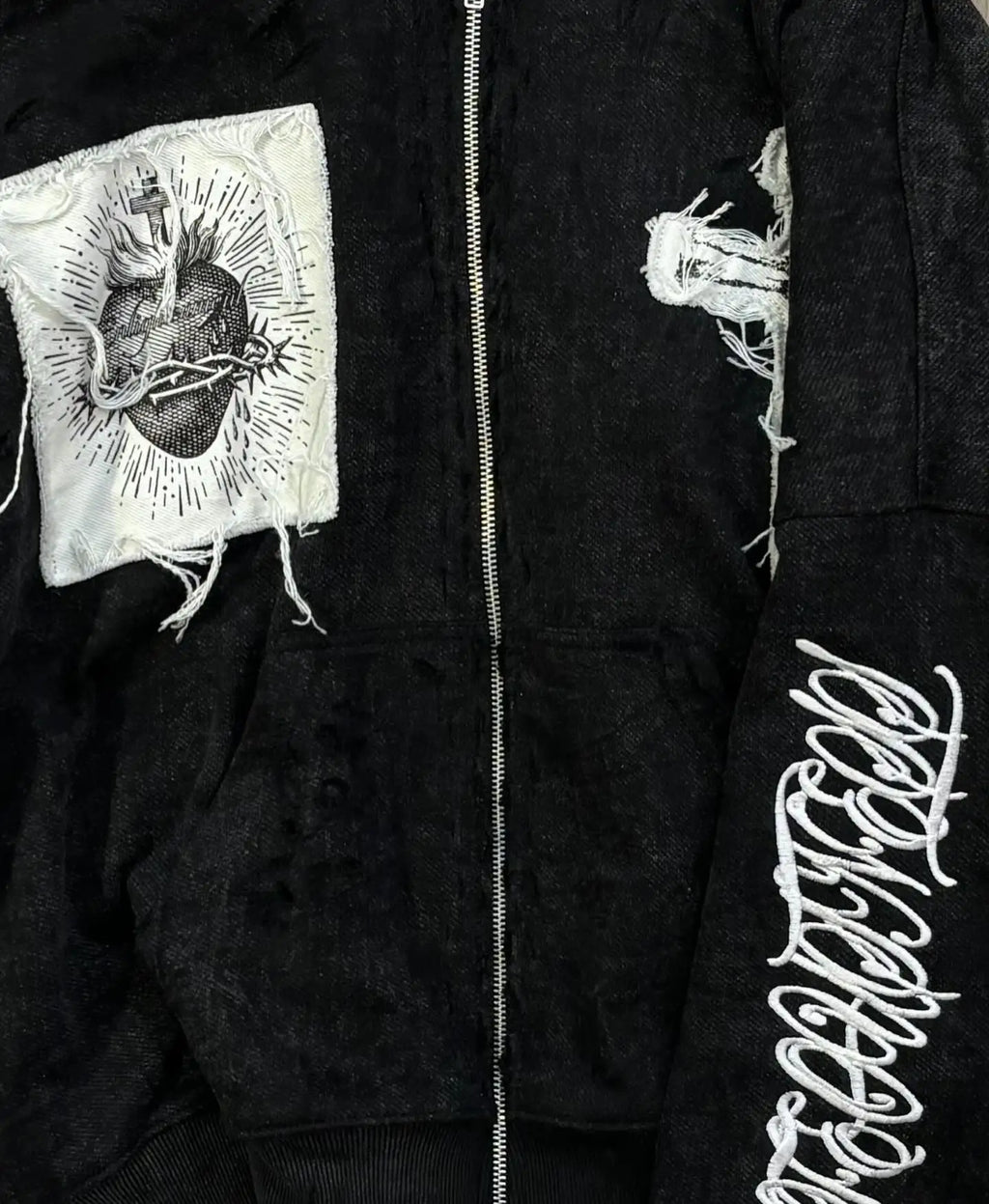 Embroidered Cross Zip Up Hoodie