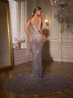 Strapless Sweetheart Rhinestone Lattice Mesh Mermaid Gown