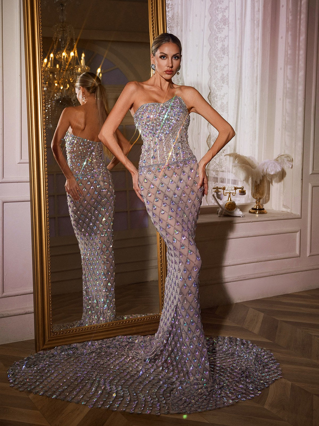 Strapless Sweetheart Rhinestone Lattice Mesh Mermaid Gown