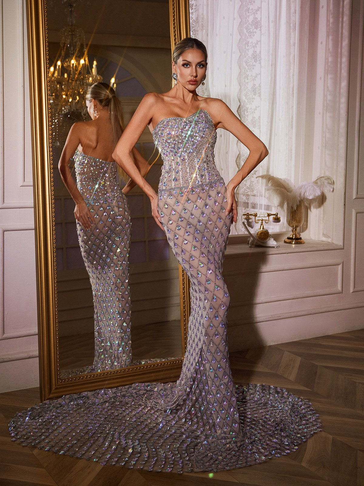 Strapless Sweetheart Rhinestone Lattice Mesh Mermaid Gown