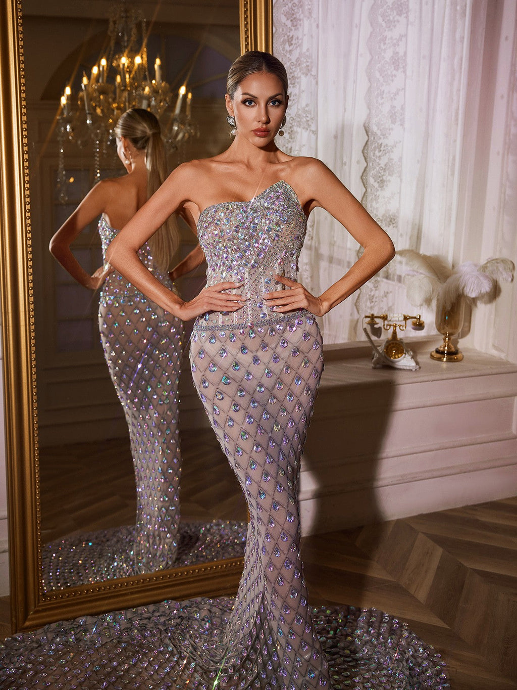 Strapless Sweetheart Rhinestone Lattice Mesh Mermaid Gown