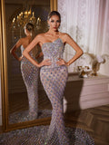 Strapless Sweetheart Rhinestone Lattice Mesh Mermaid Gown