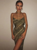 Snake Print Cowl Neck Spaghetti Strap High Slit Bodycon Midi Dress