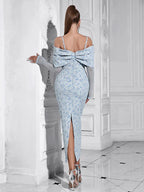 Off Shoulder Bow Detail Floral Jacquard Sheer Long Sleeve Bodycon Midi Dress