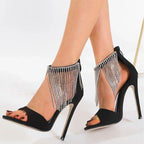 Crystal Fringe Peep Toe Sandals with Zipper and Thin High Heels