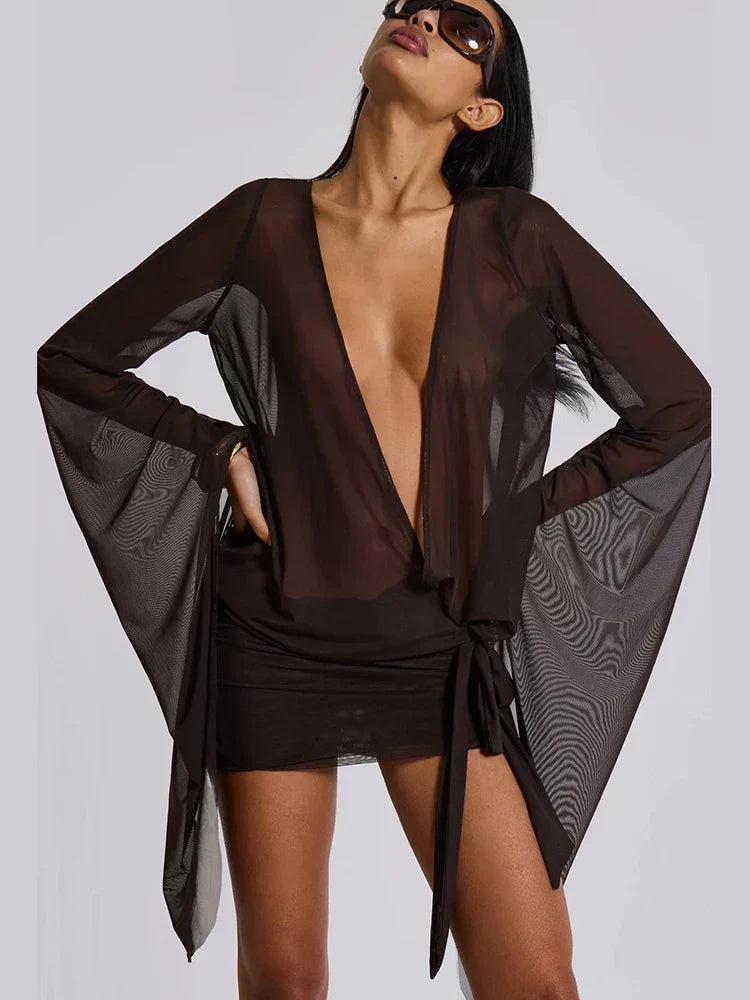 Sheer Mesh Deep V Neck Oversized Bell Sleeve Mini Dress