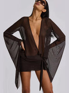 Sheer Mesh Deep V Neck Oversized Bell Sleeve Mini Dress