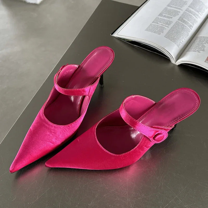 Satin Button Pointed Toe Pumps Slipper Women Fashion Thin High Heels