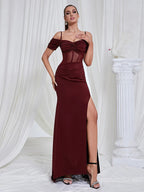 Maricia Burgundy Off Shoulder Mesh Patchwork Gown