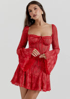 Square Neck Lace Bell Sleeve Tie Front Bustier Fit and Flare Mini Dress