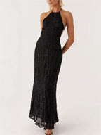 Plissé Halter Neck Tiered Lace Trim Bodycon Maxi Dress