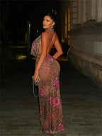 Floral Print Halter Neck Cowl Plunge Mesh Bodycon Maxi Dress