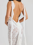 Lace Backless 3D Rosette Ruffle Streamer Midi Dress