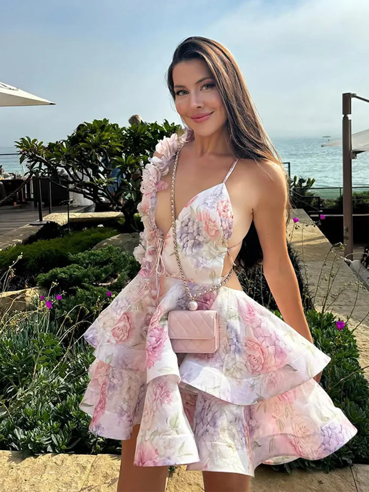 Floral Print Plunging V-Neck 3D Floral Ruffle Strap Cut Out Waist Tiered Mini Dress