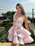 Floral Print Plunging V-Neck 3D Floral Ruffle Strap Cut Out Waist Tiered Mini Dress