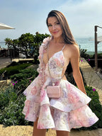 Floral Print Plunging V-Neck 3D Floral Ruffle Strap Cut Out Waist Tiered Mini Dress