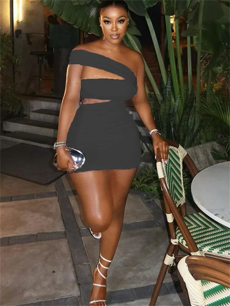 One Shoulder Asymmetric Neck Chest Cut Out Waist Cut Out Bodycon Mini Dress
