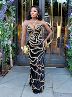 Velvet Strapless Beaded Floral Plunge Neck Mermaid Maxi Gown