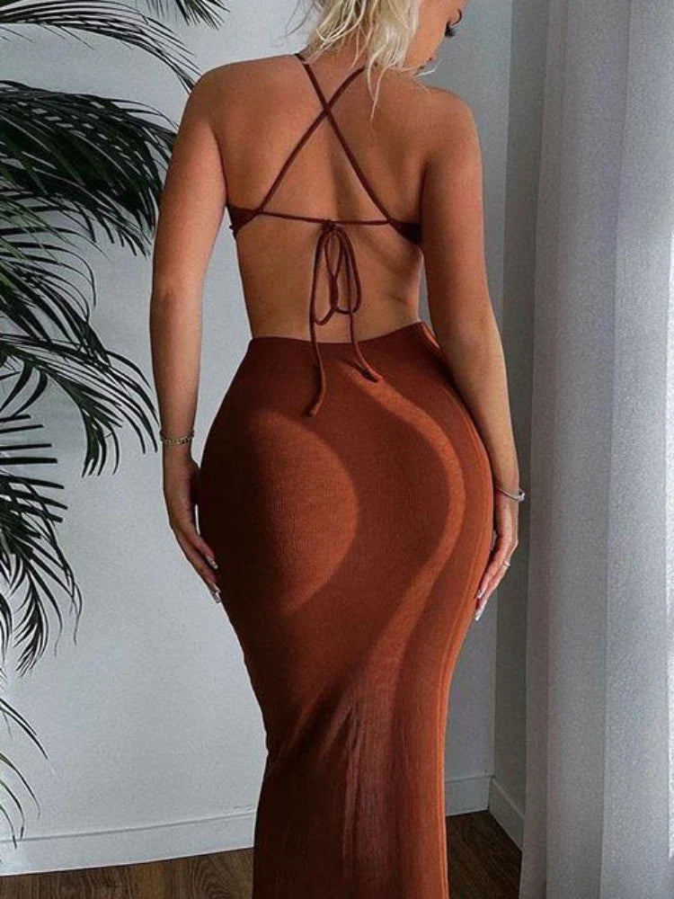 Ribbed Knit Halter Neck Waist Cut Out Bodycon Midi Dress