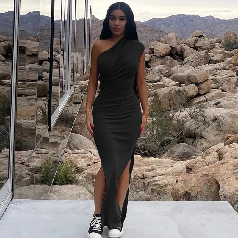 One Shoulder Ribbed Knit Draped High Slit Bodycon Maxi Dress