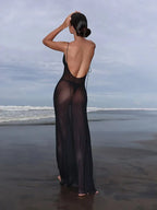 Sheer Dotted Mesh Cowl Neck Spaghetti Strap Tie Back Slip Maxi Dress