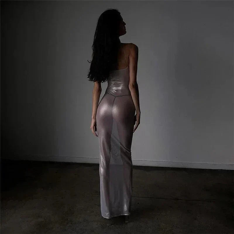 Centered Attention Sheer Metallic Maxi Dress