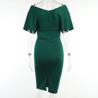Off Shoulder Draped Cap Sleeve Wrap Belt Grommet Bodycon Midi Dress