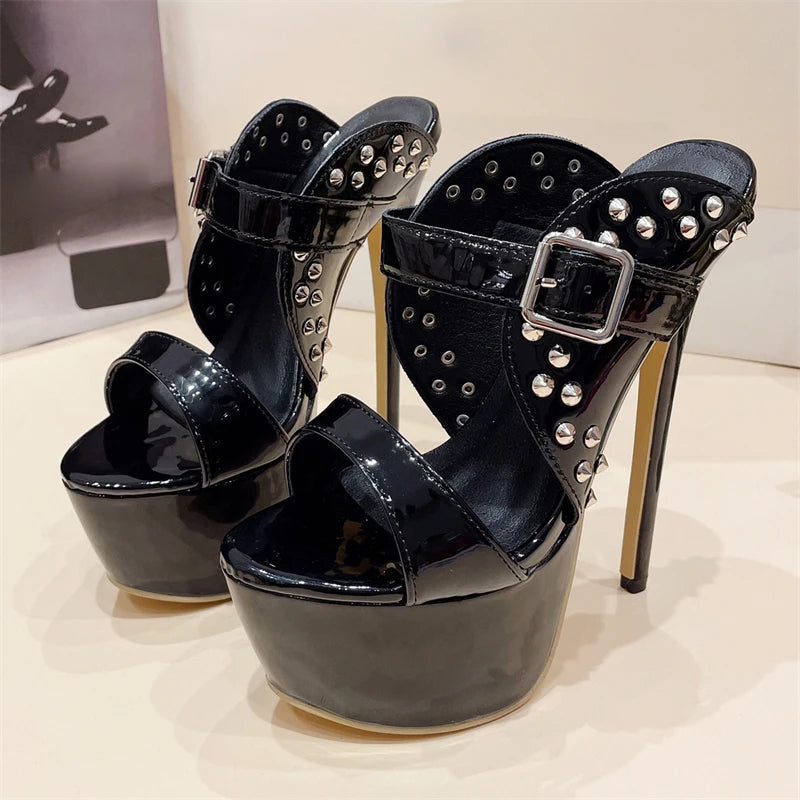 Rivet Platform Peep Toe Women Slippers with Thin Heels - Fashionable Female Sandals for Summer