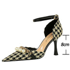 Checkered Pattern Women Sandals with Pearl Metal Chain Kitten Heels