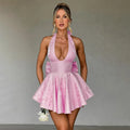 Jacquard Floral Halter Deep V-Neck Bow Back Fit and Flare Mini Dress