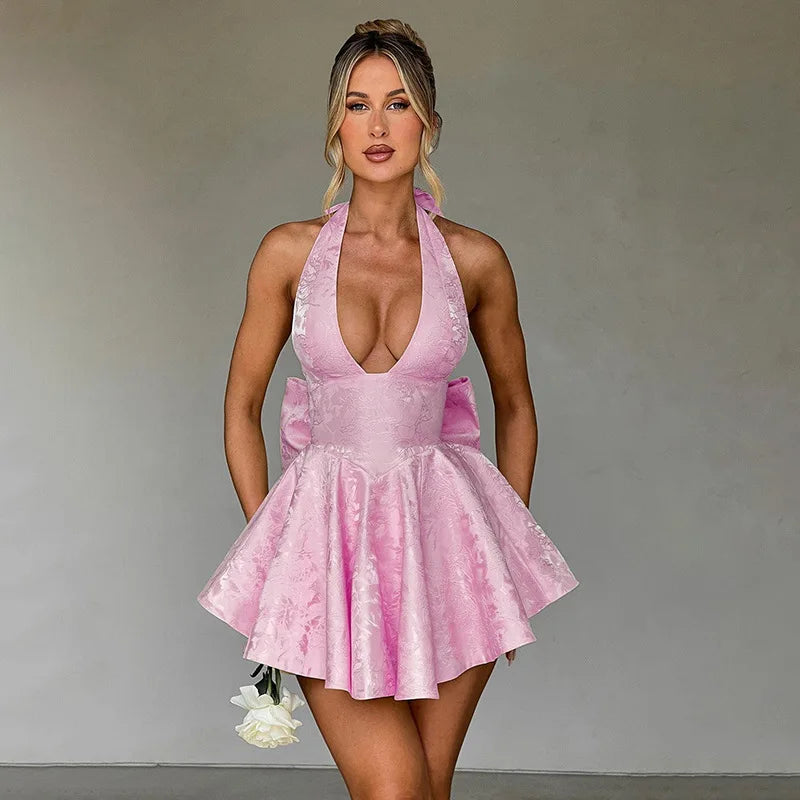 Jacquard Floral Halter Deep V-Neck Bow Back Fit and Flare Mini Dress