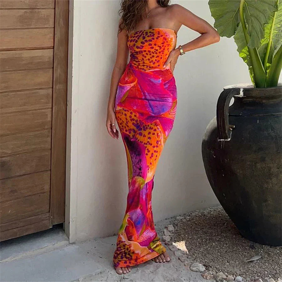 Abstract Tropical Print Strapless Bodycon Midi Dress