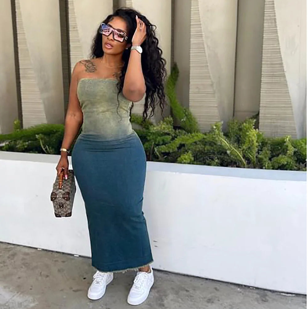 Strapless Gradient Wash Denim Corset Bodice Denim Column Slit Maxi Dress