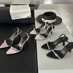 Crystal Buckle Pointed Toe Women Sandals with Ankle Strap and Thin High Heels