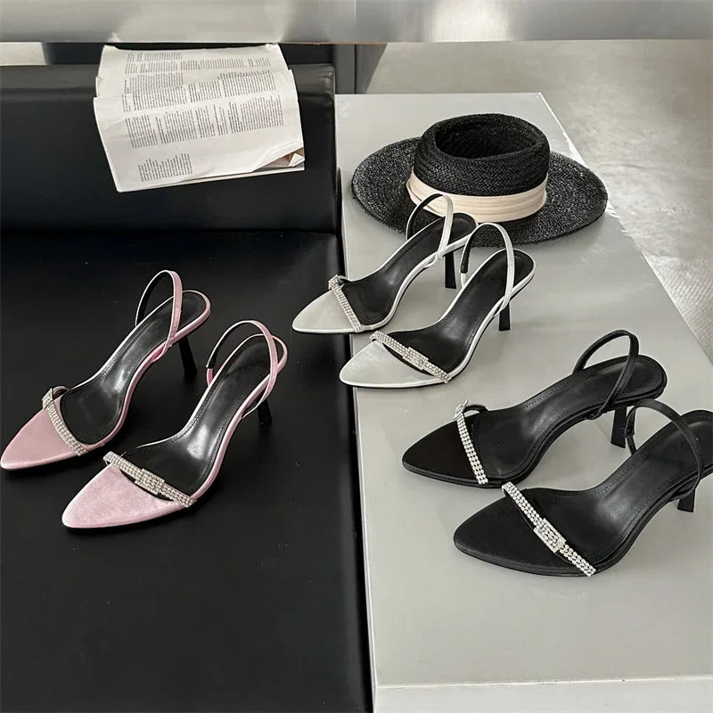 Crystal Buckle Pointed Toe Women Sandals with Ankle Strap and Thin High Heels