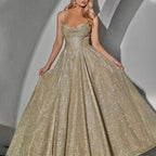 Spaghetti Strap Sweetheart Draped Corset Glitter High Split Maxi Gown