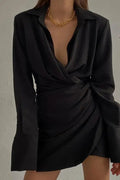 Lapel Pleated Slim Mini Dress
