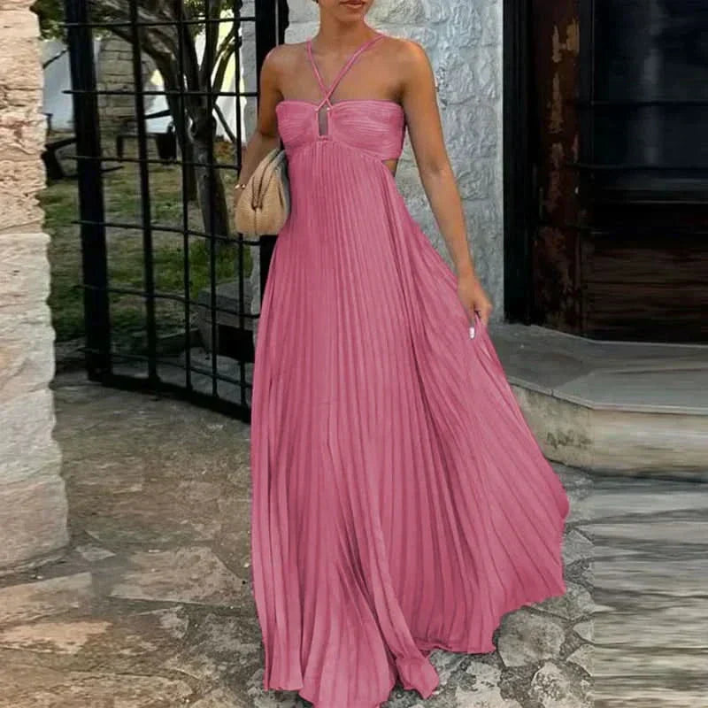 Halter Neck Sunray Pleated Side Cutout Maxi Dress