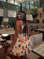 Square Neck Fruit Print Bubble Hem Mini Dress