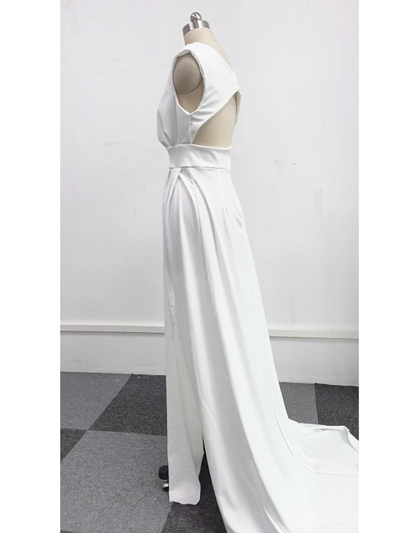 DressBetty - Elegant Casual Women's Dresses Sexy V-neck Side Slit Backless White Long Skirt Wedding
