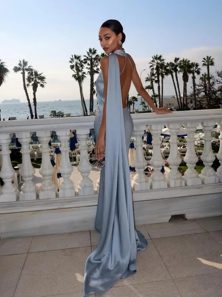 Satin Halter Neck Draped Sash Panel Column Maxi Dress