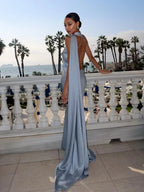 Satin Halter Neck Draped Sash Panel Column Maxi Dress